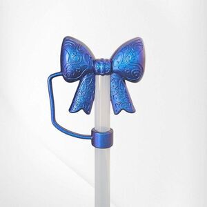 Metallic Blue Shimmer Lace 3D Silicone Ribbon Bow Straw Topper. Fits 10mm Straws